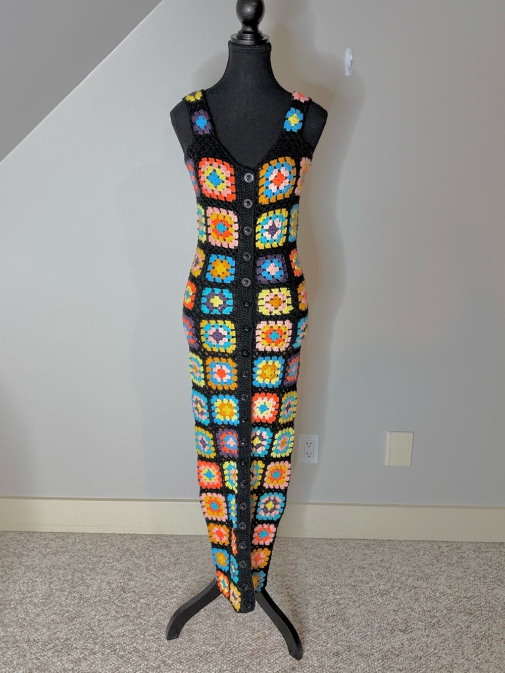 Crochet Knit Granny Square Button Down Maxi Dress Black Sleeveless Boho Medium - Picture 3 of 12